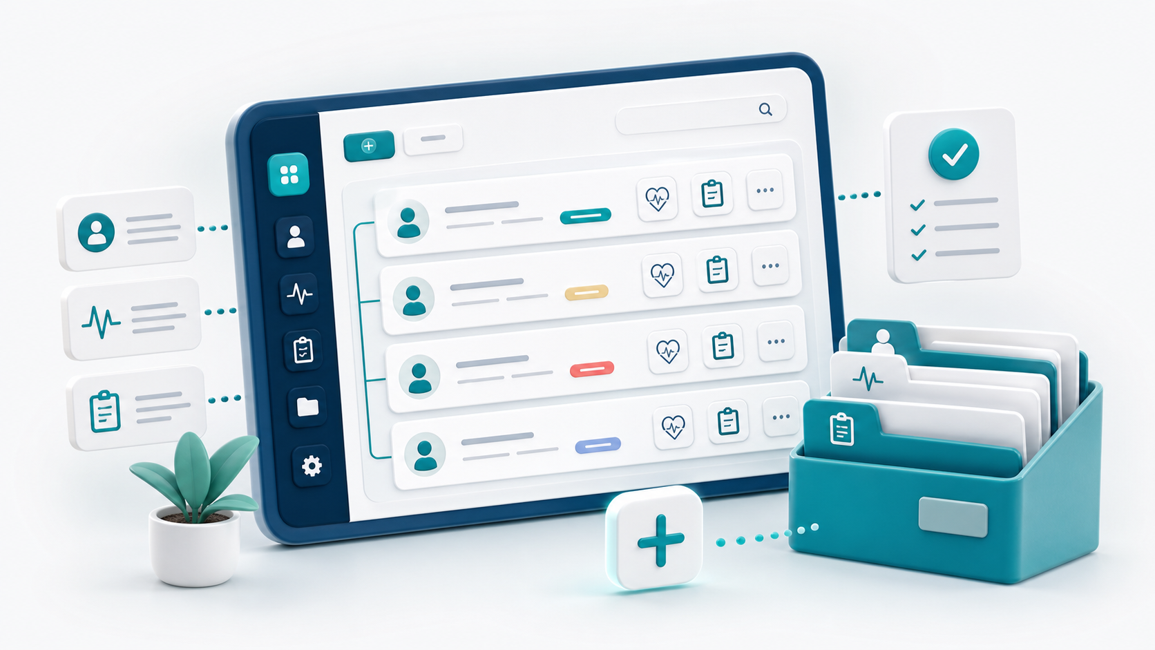 Ilustração de painel clínico organizando pacientes, pendências e checklists
