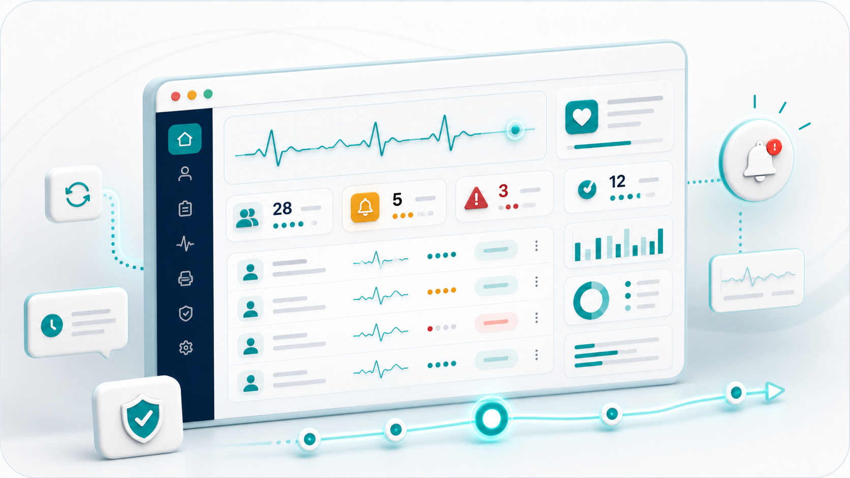 Ilustração de dashboard clínico com indicadores, alertas e monitoramento em tempo real